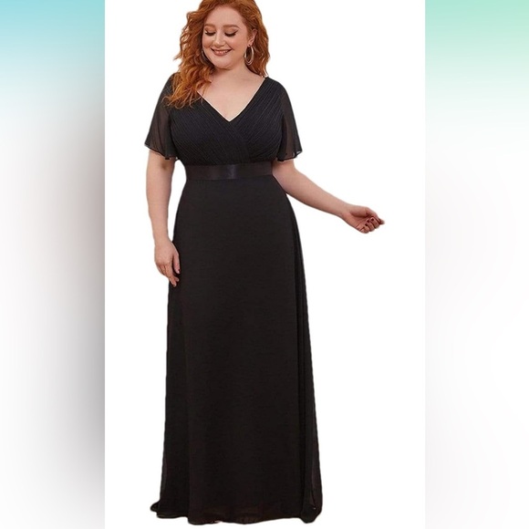 Ever Pretty Black Flutter Butterfly Sleeve V-Neck Chiffon Maxi Gown Plus Size 4X - Picture 1 of 11